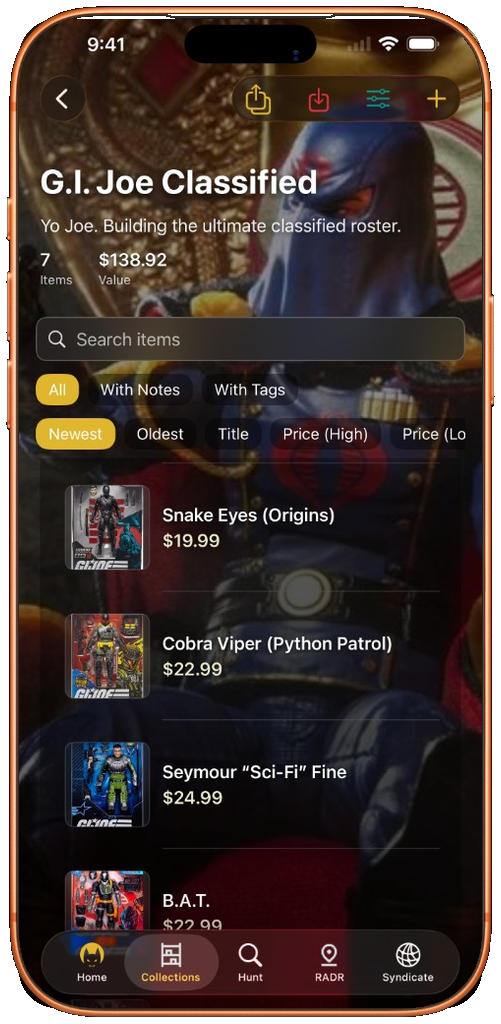ToyHuntr collection detail with items and values