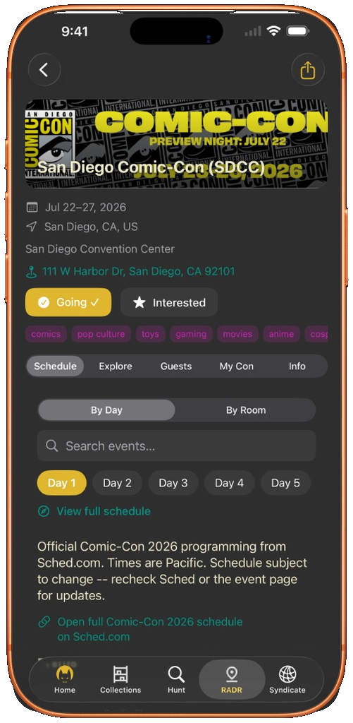 RADR convention event detail for San Diego Comic-Con